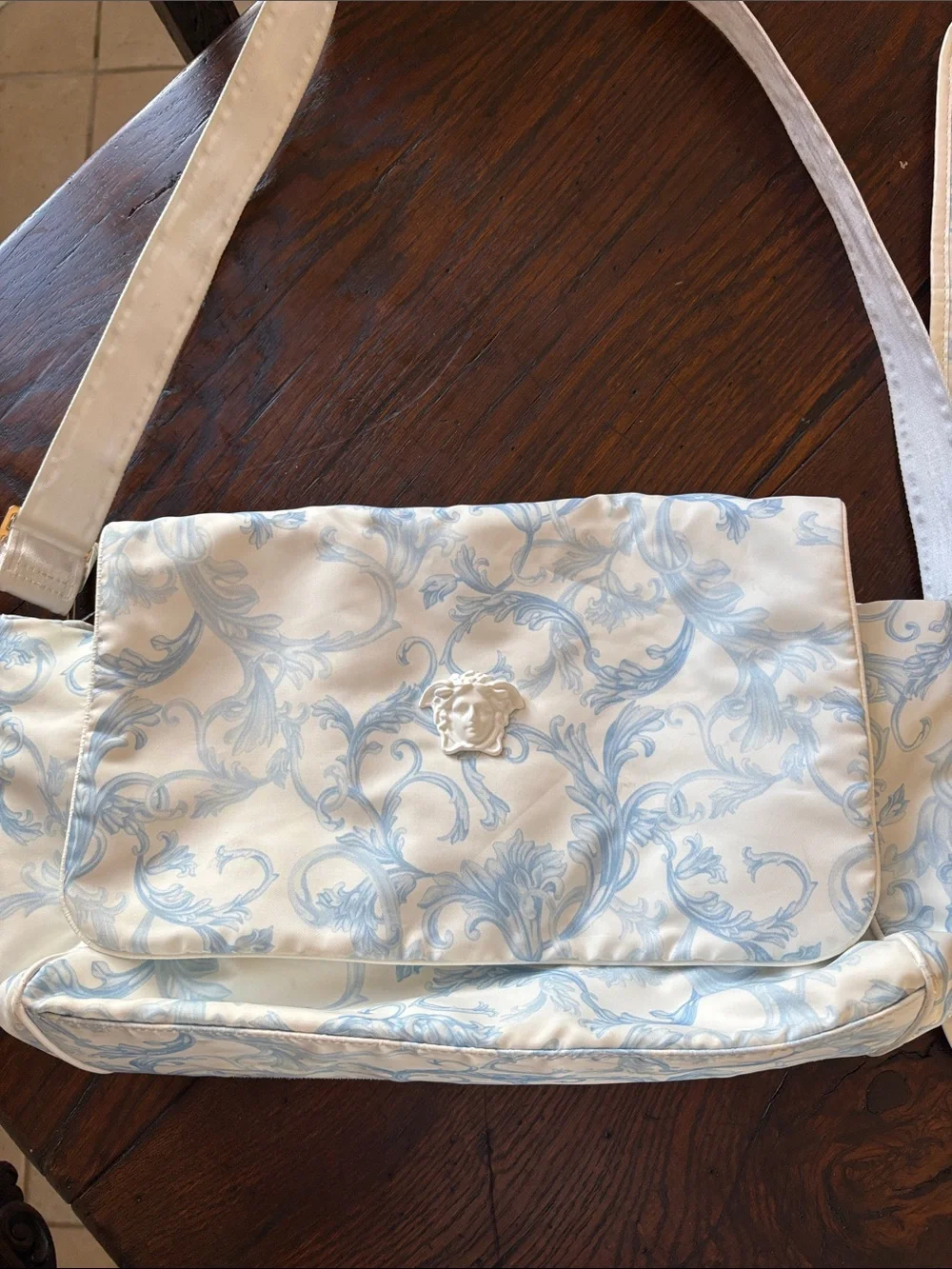 Versace White and Light Blue Barocco Print Baby Bag